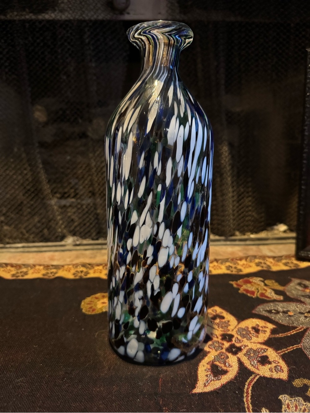 Speckled Art Glass Bottle Vase in Blue, White & Green